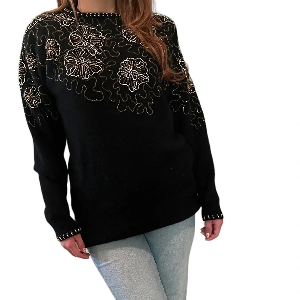 Vintage Retro Shannan black beaded embellished wool angora sweater Size Large
